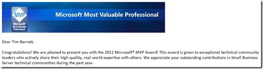 2011 Microsoft MVP Award Letter - Small Business Server