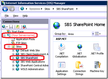 Click Server name, Sites, SBS SharePoint
